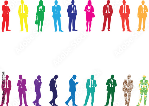 businessperson icon grid with colorful and patterned figures in suits holding briefcases and devices