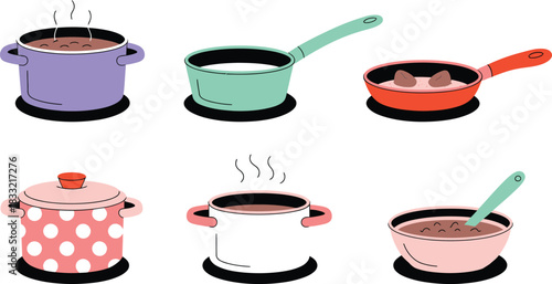 Illustrated Kitchenware Collection Colorful Pots, Pans, and Bowl, Ready for Cooking and Serving Meals