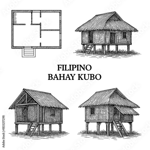 Filipino bahay kubo traditional stilt house in vintage engraving style, Transparent Background