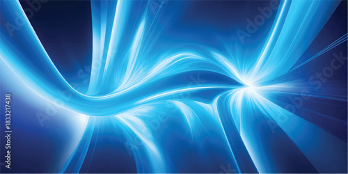 Abstract blue background illustration featuring bright, futuristic lines and waves of light creating a smooth, fractal pattern with a sense of motion and energy
