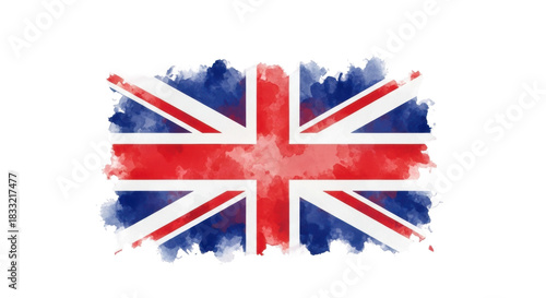 The Union Jack flag painted with artistic watercolor brush strokes, featuring a distressed, grunge texture and vibrant red, white, and blue colors in a creative splash design