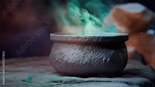 Steaming cauldron with ethereal green vapor and rough texture