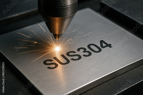 Laser engraving stainless steel SUS304 metal plate precision sparks and focused beam on brushed surface conveying industrial accuracy