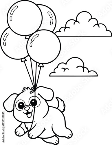 Adorable cartoon puppy flying high in the sky holding a bunch of balloons, a black and white line art coloring page for children
