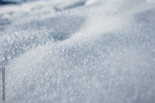 serene close-up of sparkling fresh snow, capturing delicate crystal textures illuminated by sunlight. Soft curves and gentle shadows create a peaceful winter atmosphere