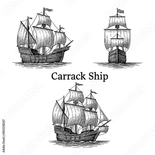 Carrack ship sailing vessel set in vintage engraving style, Transparent Background