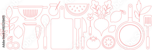Kitchen Utensils and Fresh Produce in Minimalist Red Outline Style Illustration on White Background