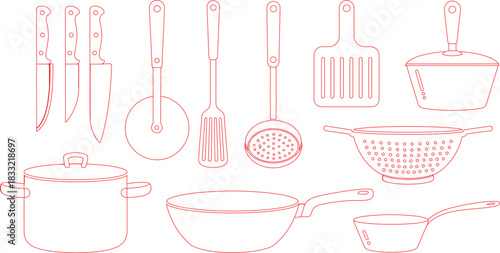Kitchen Utensils Red Outline Illustration of Knives, Spatulas, Pots, Pan, and Colander on White