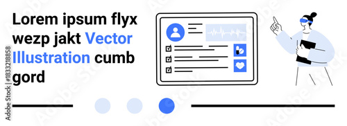 Healthcare dashboard with profile ID card, icons, health stats. Person pointing at data. Ideal for medical technology, analytics, user interface, telehealth, education business simple landing page