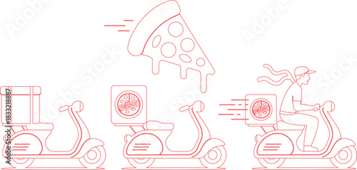 Line Art Pizza Delivery Scooters with Driver and Box, Delicious Pizza Slice Icon