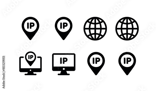 A collection of black and white icons representing IP addresses and geographical location data.