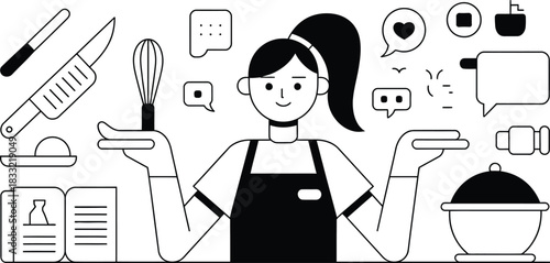 Minimalist Line Art Woman in Apron Surrounded by Kitchen Tools and Chat Bubbles Illustration