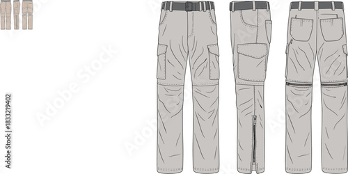 Convertible cargo pants CAD drawing, flat vector fashion illustration with side flap and zip pockets, zip-off legs, multi-view layout