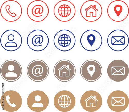 contact icon grid with colorful communication symbols including phone email location user and house