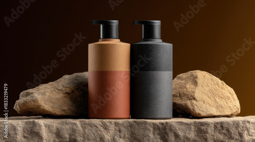 Eco friendly hair products for men and women displayed in brown and black pump bottles with natural stone background