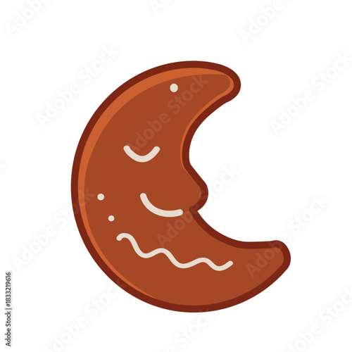 Christmas Gingerbread Cookie Vector Flat Illustration on White Background. Half Moon Sweet Cake with Sugar. Holiday Cute Dish Icon with Glaze or Icing.