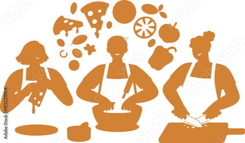 People Cooking Pizza, Apple, Lemon, and Pepper, Kitchen Scene, Orange Silhouette Illustration