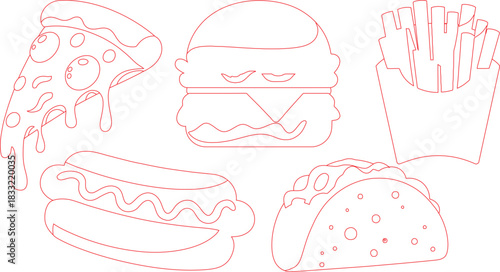 Outline Illustration Featuring Fast Food Favorites Pizza Slice, Burger, Fries, Hotdog, and Taco
