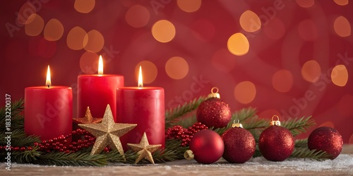 Warm Christmas Still Life: Four Red Advent Candles, Gold Ornaments & Pine Garland