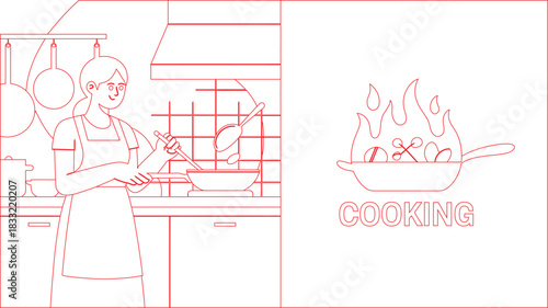 Red Line Art Woman Cooking in Kitchen, Stirring Food in Pan, Culinary Theme