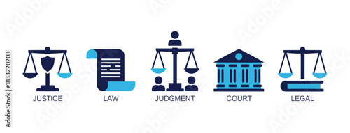 Icons representing justice, law, judgment, court, and legal concepts are displayed in a row.