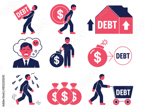 Illustrations depict various aspects and burdens of personal and financial debt, showing people struggling with money.