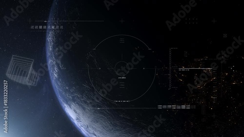 Earth with futuristic HUD scanning interface against a deep space starfield, creating a cinematic aerospace, surveillance, and sci-fi exploration atmosphere