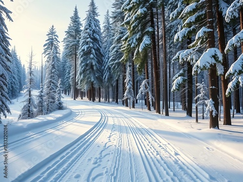 Cross-country ski tracks winding through a silent, snow-laden forest, highlighting tranquility and winter beauty,  tracks,  landscape