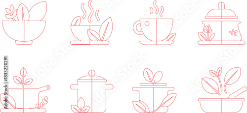 Red Outline Art Bowls, Cups, and Cooking Pots with Leaves and Steam Designs