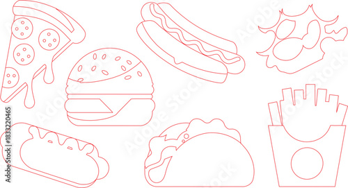 Red Outline Drawing of Pizza Slice, Burger, Hot Dog, Taco, Fries, and Fried Chicken