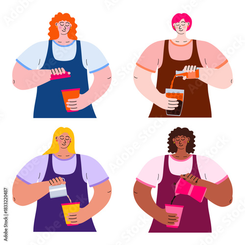 Set of women baristas make coffee at different stages of the process. Perfect for café and coffee shop menus, branding, and various digital or print designs. Hand-drawn flat vector isolated on white.