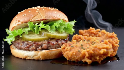 Juicy Hamburger and Crispy Fried Chicken with Steam fast food