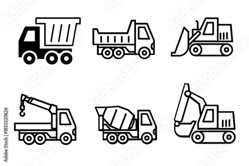 Collection of Line Art Construction Vehicles Dump Truck, Excavator, Crane, Cement Mixer, and More