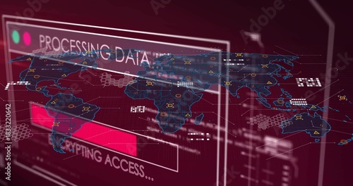 Displaying holographic world map overlay on dashboard showing magenta progress bar and UI panels