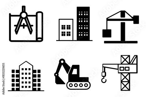 A set of minimalist outline icons representing construction, road safety, and under construction themes, including a worker, helmet, cone, and warning signs