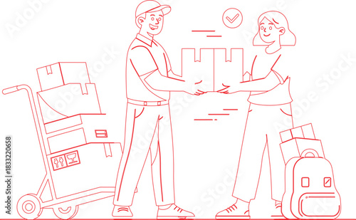 Red Outline Illustration Delivery Man Handing a Package to a Woman Recipient