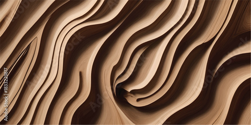 Abstract brown wood texture background with golden wave pattern and satin cloth material design