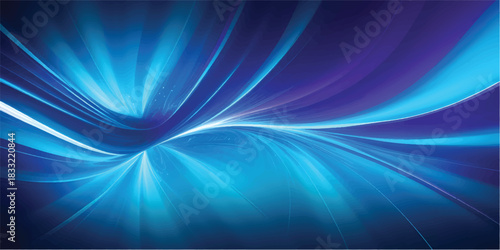 Bright blue abstract background design features a futuristic digital illustration of a curving wave with light rays and motion lines