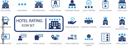 Hotel rating and hospitality icon set, star, quality, luxury, service, travel, and guest review vector icons.