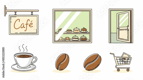 A serene café scene with coffee cup, pastries, and coffee beans on display through a window, viewed from outside.