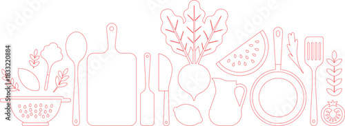 Red Outline Illustration Kitchen Utensils, Vegetables, Colander, Cutting Board, Frying Pan, and Pitcher