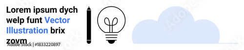 Creativity, education, innovation, brainstorming, ideas, minimalism. Illustration a pen, lightbulb and cloud. Creativity and innovation concept highlighted through iconic design