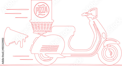Red Outline Illustration of a Pizza Delivery Scooter with Box and Pizza Slice Detail