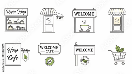 Collection of cafe and shop front illustrations with welcome signs and coffee cups in a minimalist style.