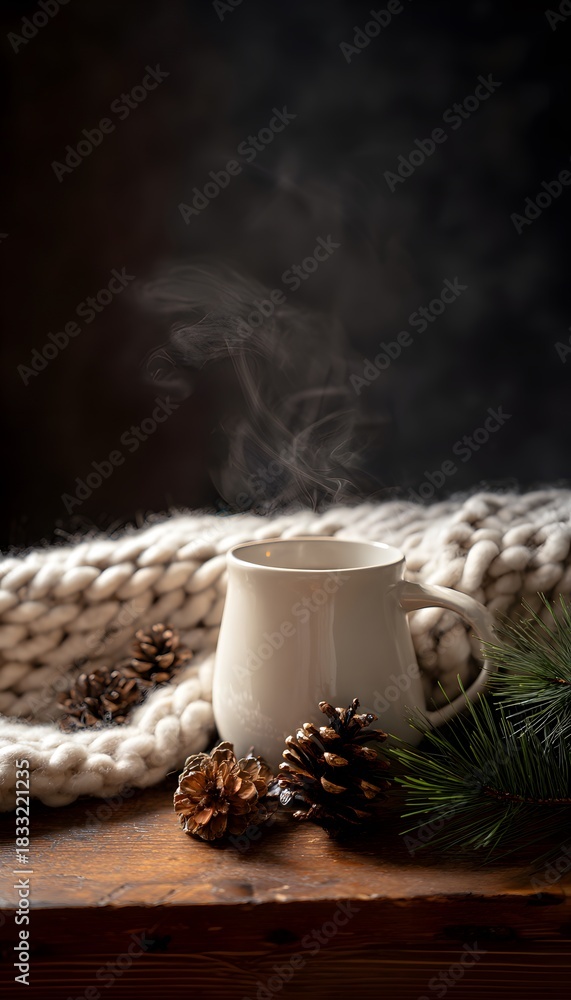 Fototapeta premium Cozy winter scene a steaming mug warms a knitted blanket festive lifestyle imagery