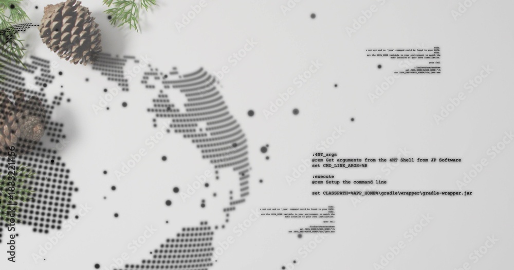 Obraz premium Displaying halftone globe, three pine cones, fir sprigs, particles on pale surface with code blocks