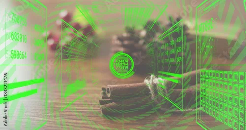 Fototapeta samoprzylepna Displaying bundle of cinnamon sticks tied with twine on wood tabletop, showing neon AR overlays