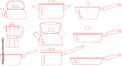 Red Outline Illustration Pots, Pans, Kettles, and Coffee Maker on a White Background