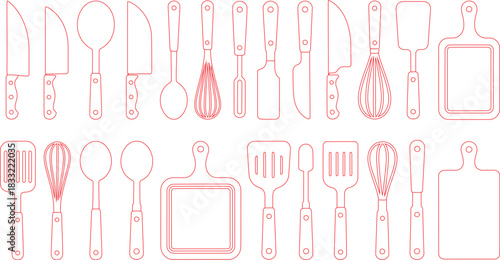 Red Outline Kitchen Utensils Knives, Spoons, Whisks, Spatulas, Cutting Boards Illustration