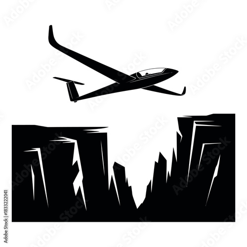Silhouette of a glider airplane soaring above a jagged abstract mountain range against a white background